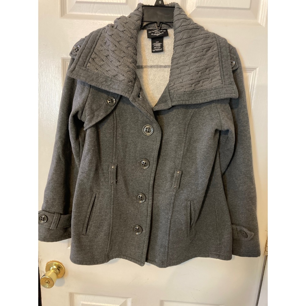 Sebby Collection Gray‎ Fleece Pea Coat Cable Knit Collar Button Front Jacket S